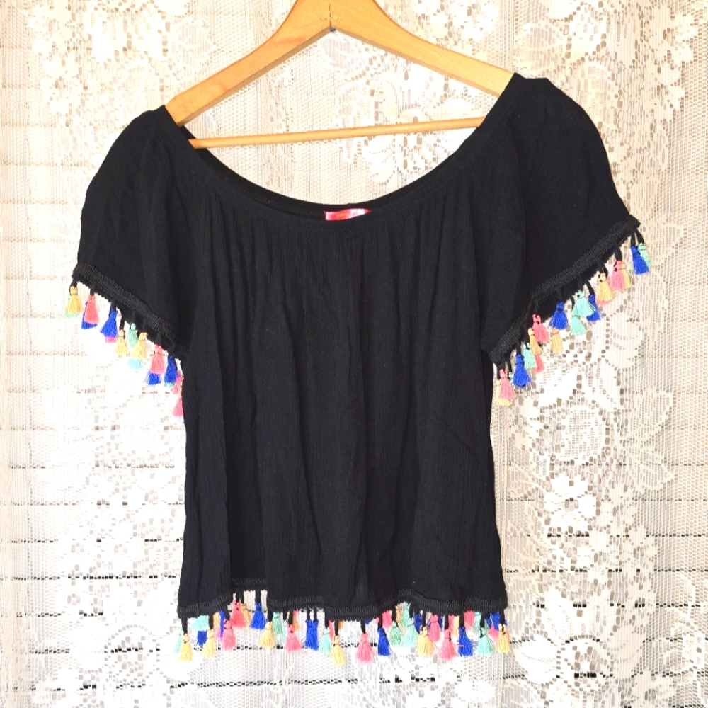 Social Teen, Black Cropped Top With Colorful Tassels, Large, Off The Shoulder